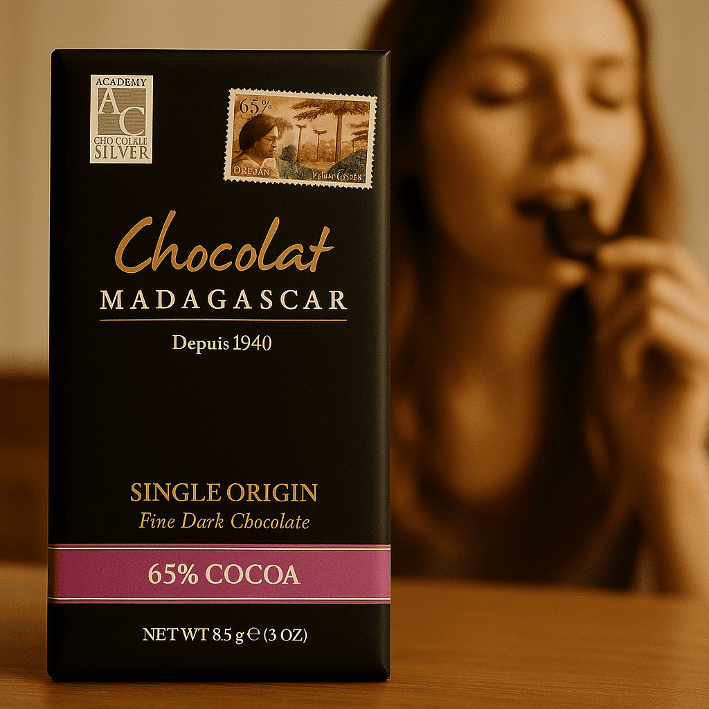 A bar of Chocolat Madagascar 65% cocoa dark chocolate standing upright as the main focus, with a softly blurred background showing someone enjoying a piece of chocolate. Warm, cozy lighting enhances the premium look of the product.